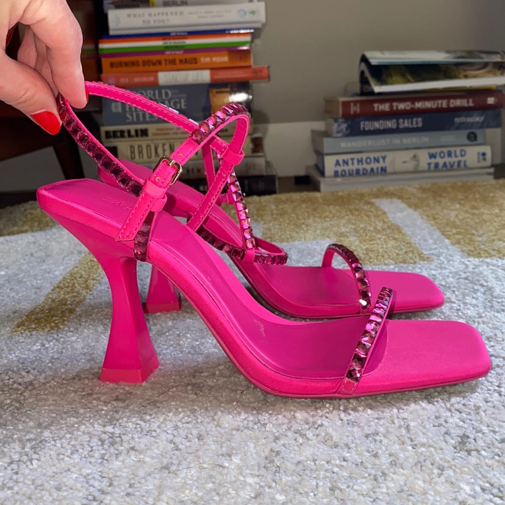 NWOT Zara High Heel Rhinestone Sandals 6.5 (US) Fuchsia